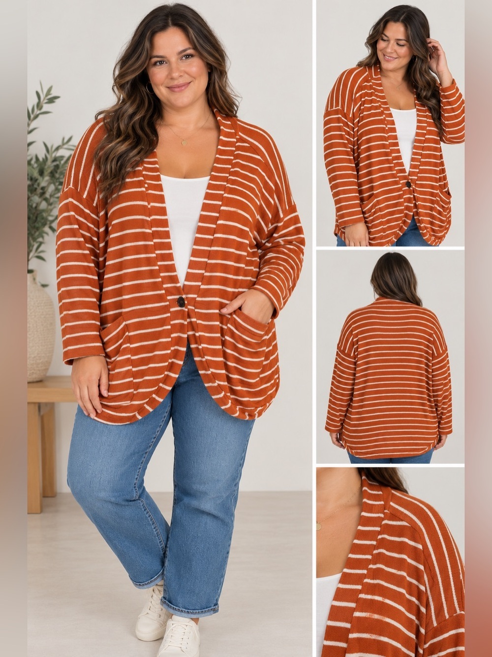 Cuddl Duds 2X Burnt Orange White Striped Waffle Knit Cardigan Pockets NWOT
